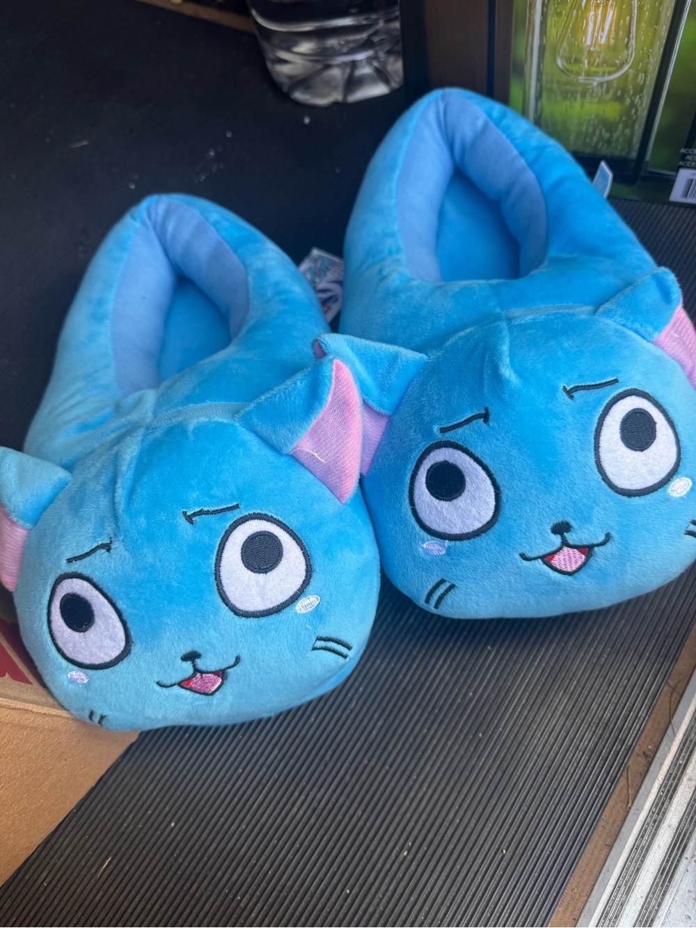 Blue Plush Cat Kids One-Piece Slippers